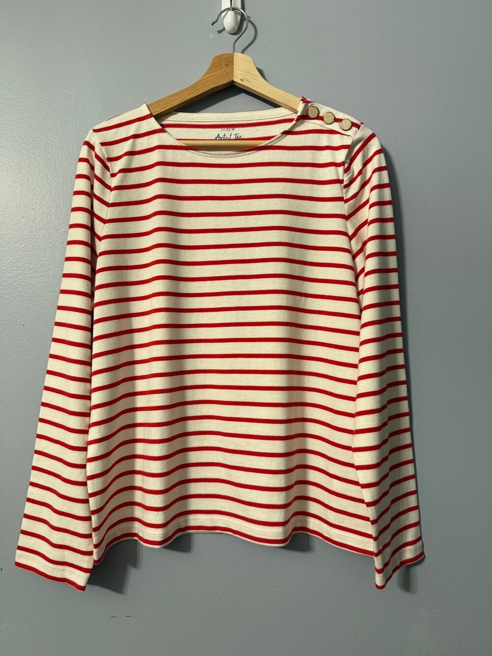NWOT J. Crew Artist Tee Red and Cream Stripe Long Sleeve Shoulder Buttons Sz 14